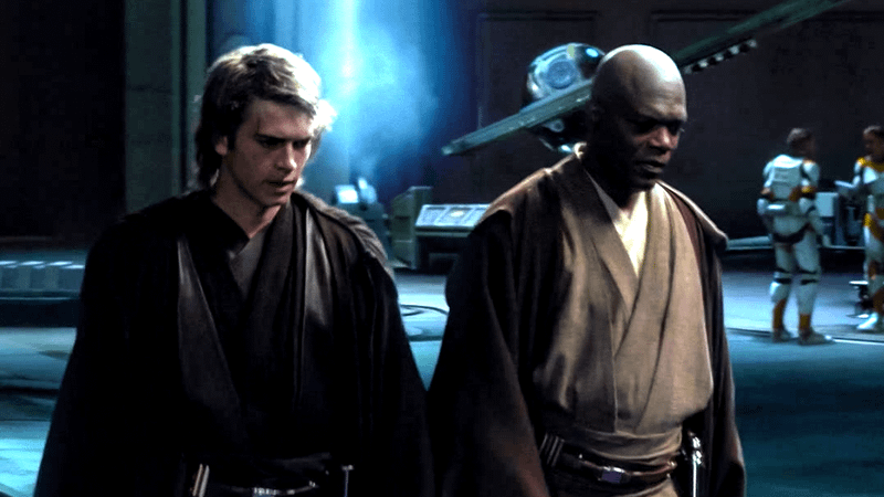 Anakin Skywalker walks with Mace Windu in Star Wars: Episode III - Revenge of the Sith.