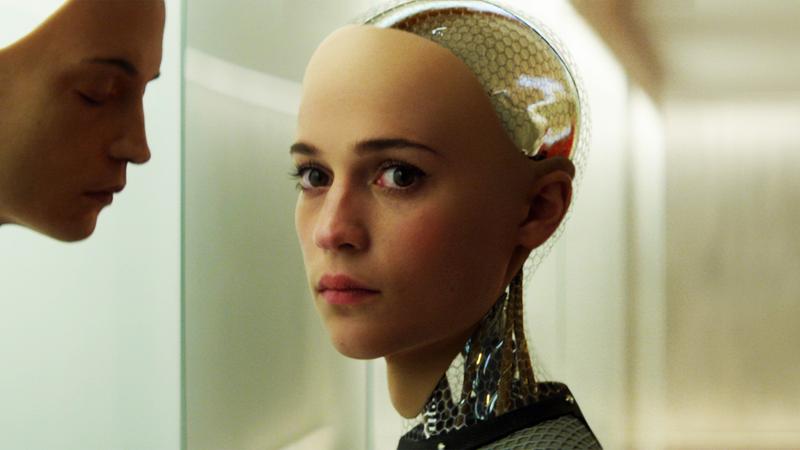 Alicia Vikander's Ava in Ex Machina looking at the viewer.