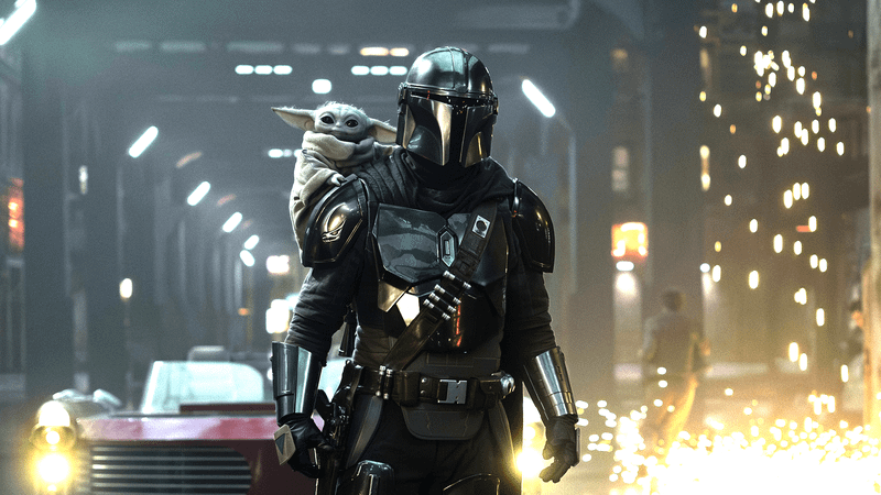 Din Djarin (Pedro Pascal) with Grogu on his shoulder in The Mandalorian and Grogu.
