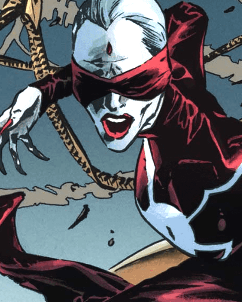 Madame Web reaching back her hand with her eyes covered in Marvel Comics