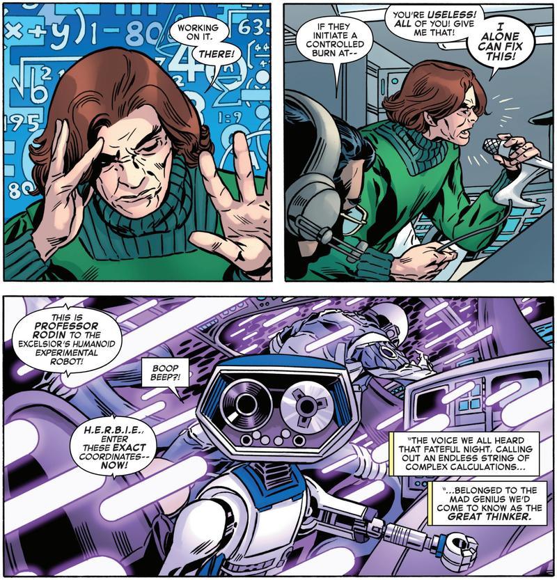 Panels from Fantastic Four: First Foes tie-in comic showing the Mad Thinker telling HERBIE new calculations to help the team land the spaceship.