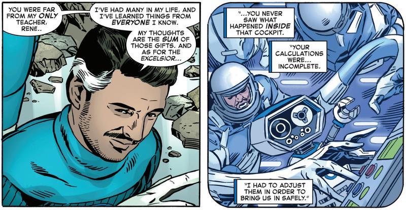 Panels showing Reed Richards explaining to the Mad Thinker that his calculations to help land the excelsior were incomplete.