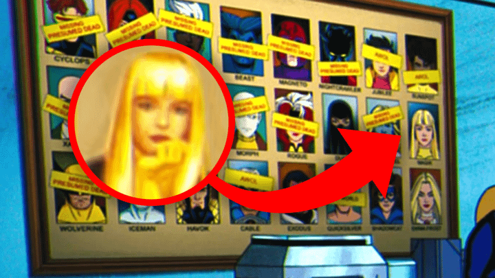 Magik's face on Forge's board with the other X-Men.