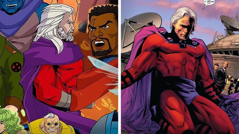 Magneto with a beard in 'X-Men '97' Season 2 poster next to Magneto from Marvel Comics.