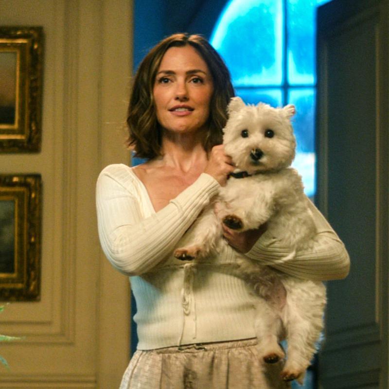 Minka Kelly as Sydney Price holding a white dog in Champagne Problems