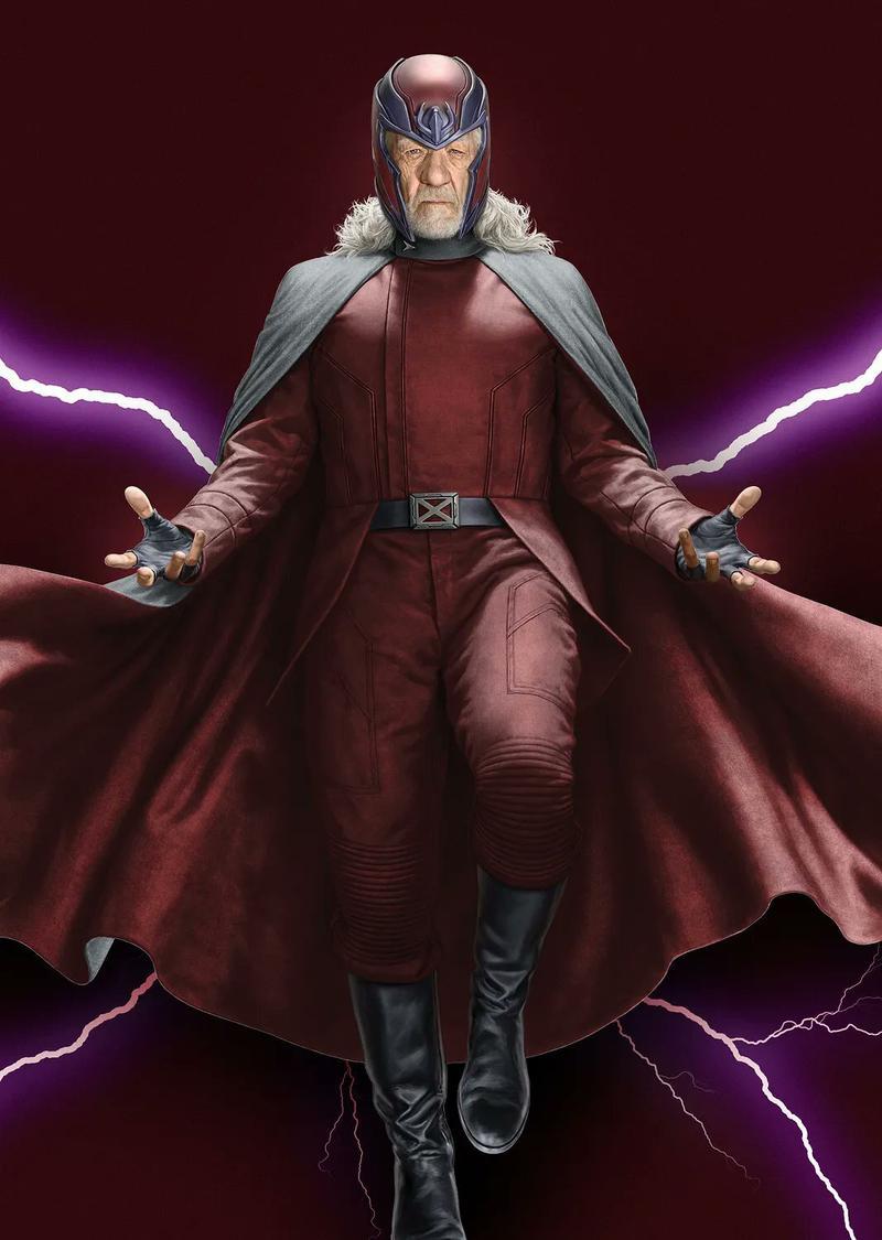Promotional art from Avengers: Doomsday showing Ian McKellen's Magneto floating in the with purple electricity behind him.
