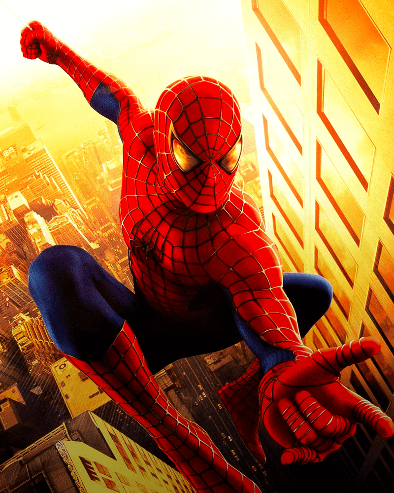 Tobey Maguire's Spider-Man swinging on poster for 2002's Spider-Man.