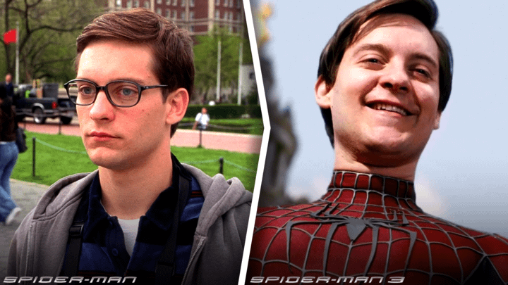 Tobey Maguire in Spider-Man on the left and in Spider-Man 3 on the right.
