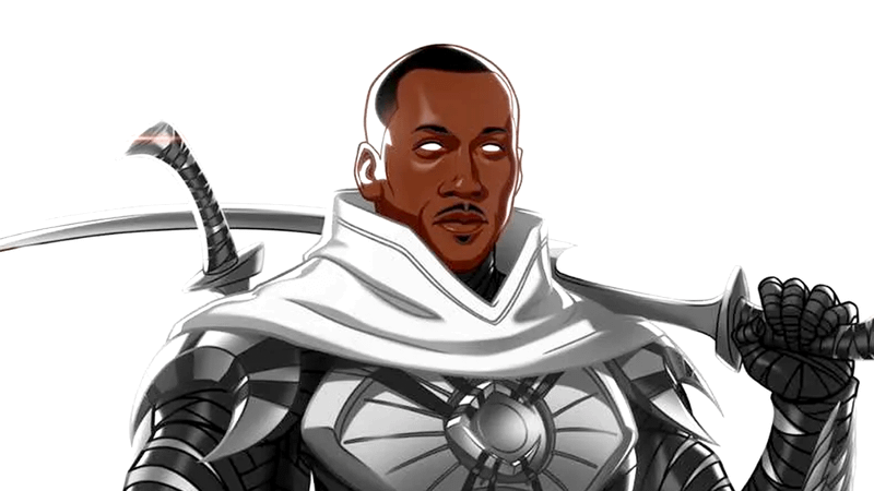 A close-up of Blade holding a sword over his shoulder in Marvel Zombies