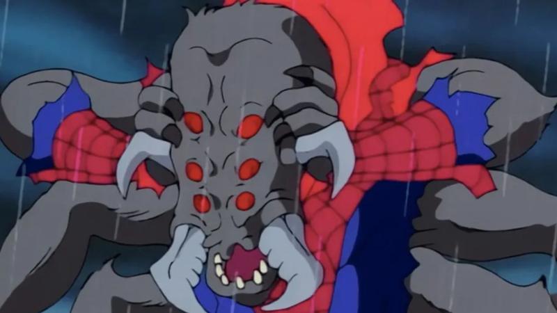 Man-Spider holding his head in the Spider-Man animated series.