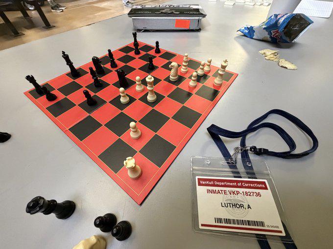 A chessboard on the set of Man of Tomorrow.