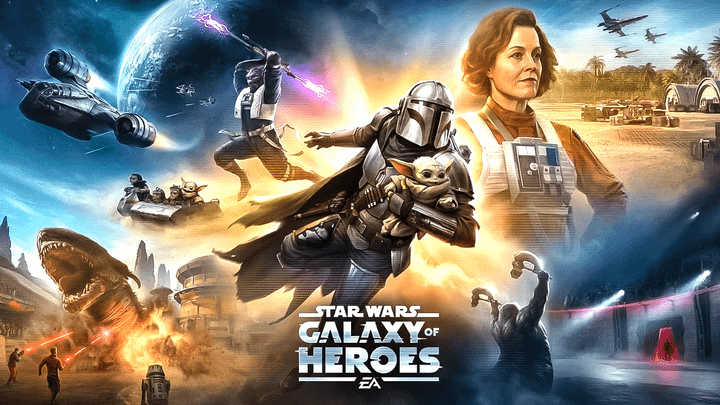 The Mandalorian & Grogu crossover poster with Galaxy of Heroes.