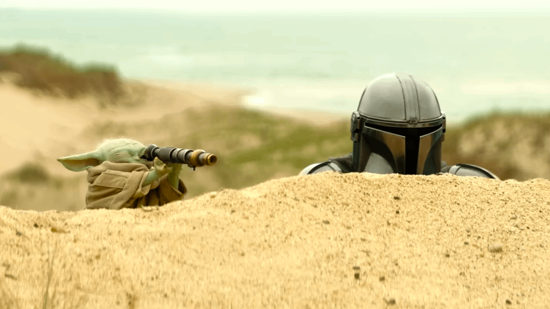 Grogu and Din Djarin in The Mandalorian and Grogu