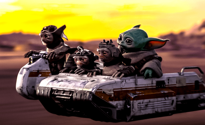 Grogu riding in a speeder with the Anzellans.