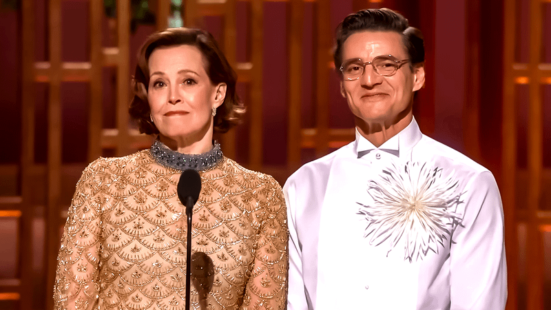 Pedro Pascal and Sigourney Weaver on stage at the 98th Academy Awards.