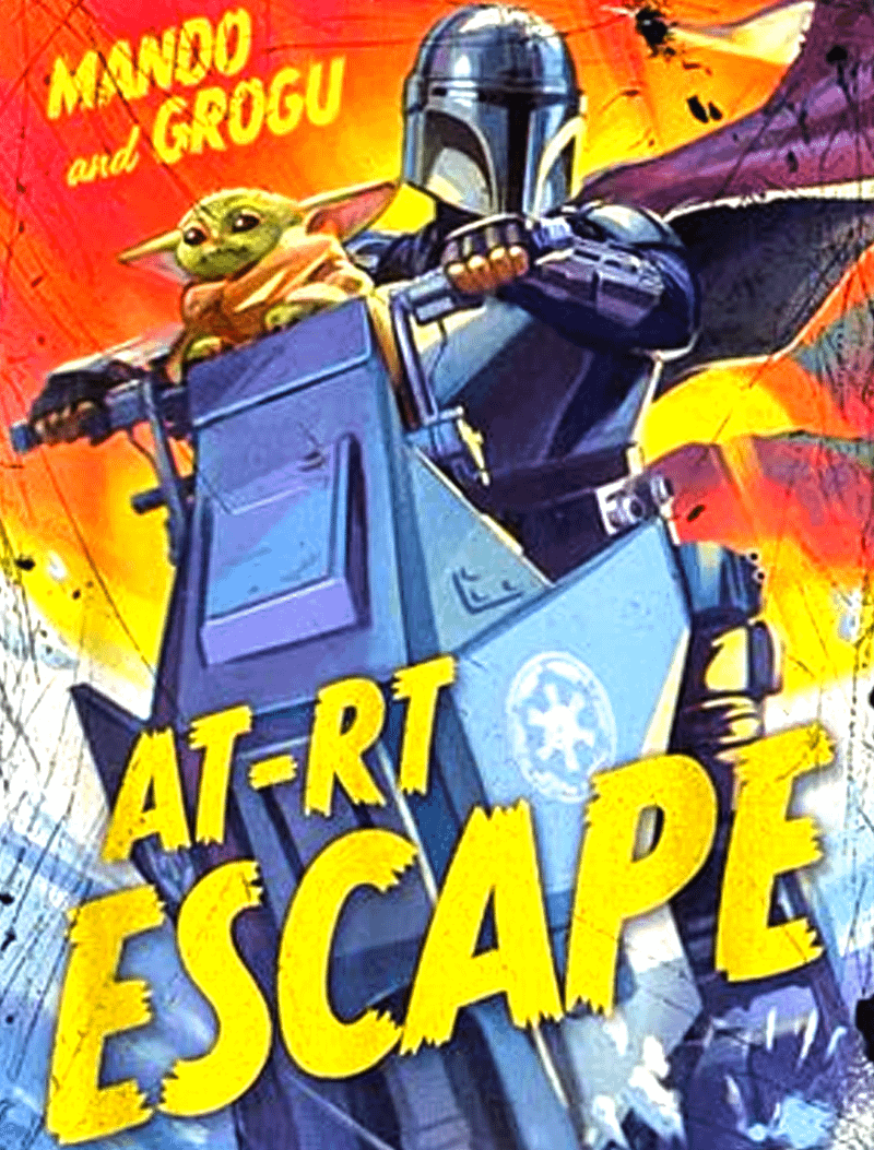 The Mandalorian and Grogu escaping using an AT-RT.
