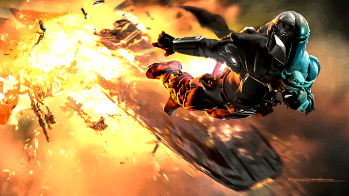 The Mandalorian & Grogu in front of an exploding ship.
