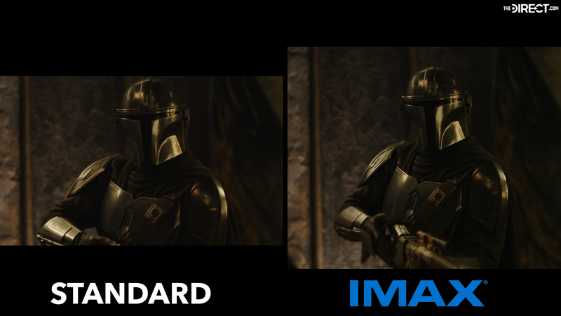 The Mandalorian holding his gun in 'The Mandalorian and Grogu' in standard and IMAX formats.