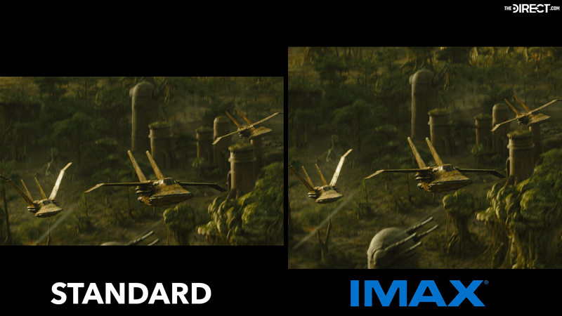 Starships flying over the forest in 'The Mandalorian and Grogu' in standard and IMAX formats.
