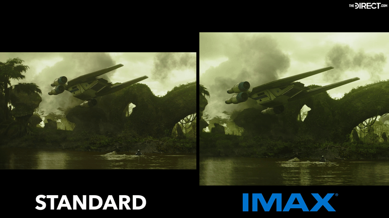 Ship flying over a lake in 'The Mandalorian and Grogu' in standard and IMAX formats.