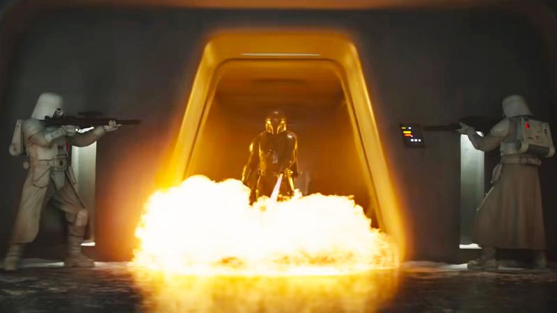 The Mandalorian and Grogu opening footage, Mandalorian flamethrower.