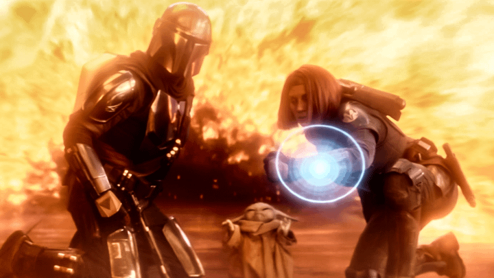 The Mandalorian, Grogu, and Bo-Katan in The Mandalorian.