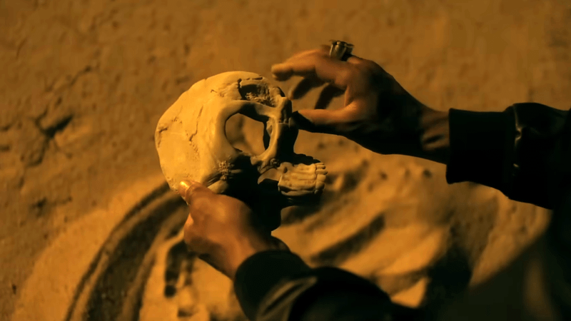 John Stewart inspecting a skull.