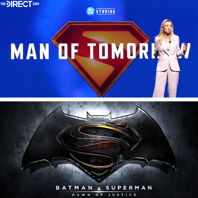 Man of Tomorrow logo vs. Batman v Superman logo.