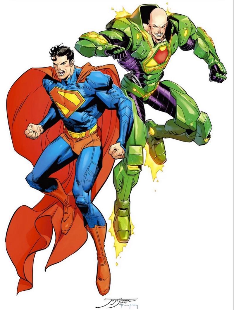 Superman and Lex in Warsuit fighting together