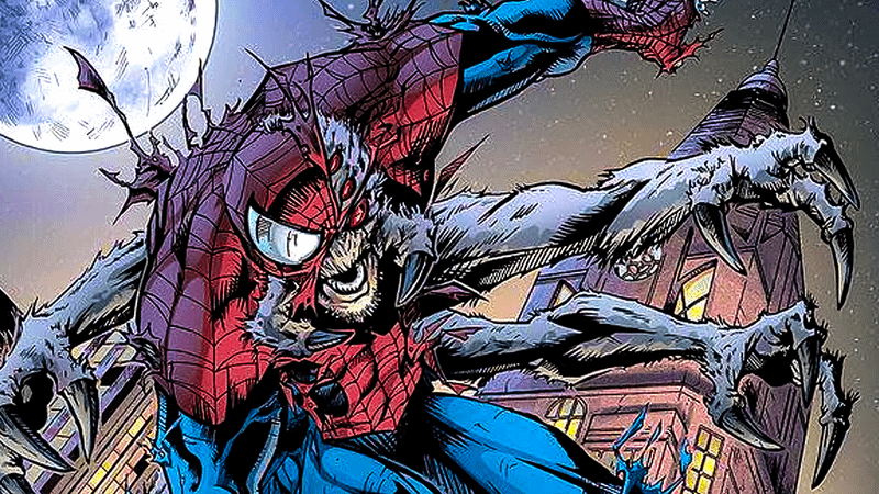 Peter Parker transforming into Man-Spider in Marvel Comics.