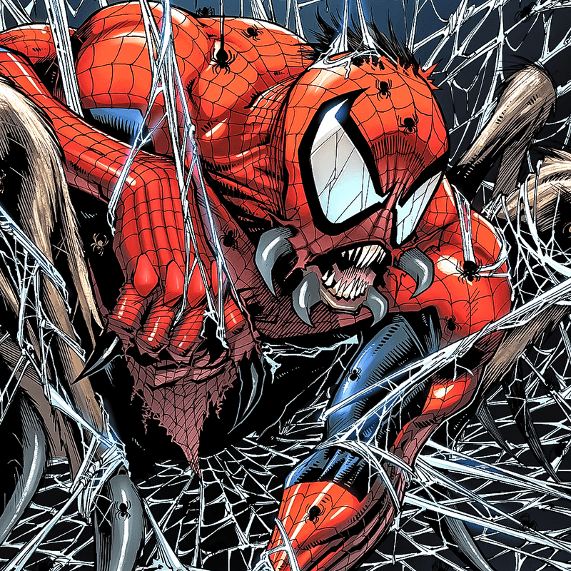 Covered with webs and small spiders, it's Man-Spider in costume from Marvel Comics.