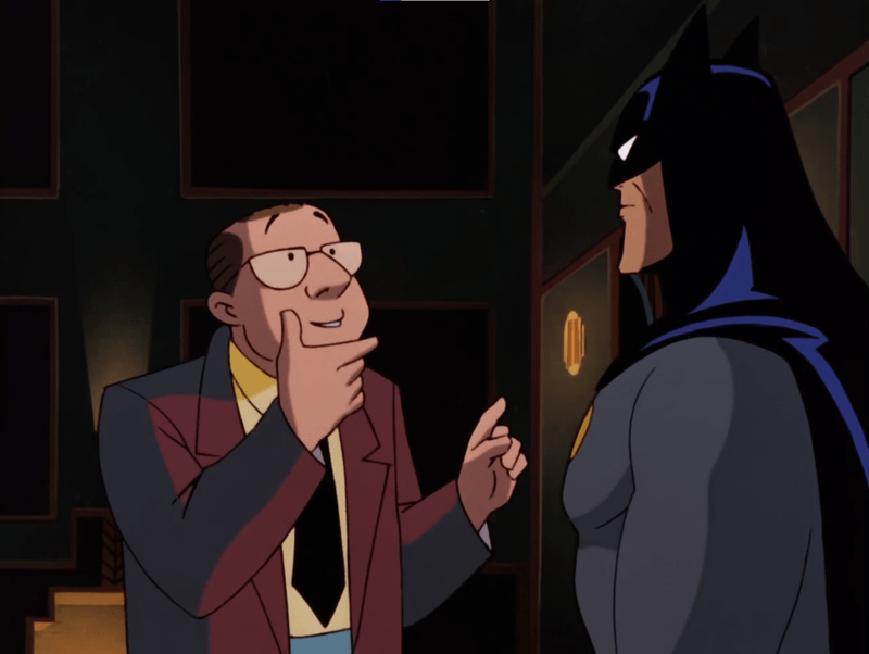 Image from Batman: The Animated Series showing Sidney Debris discovering that he did not kill Batman.