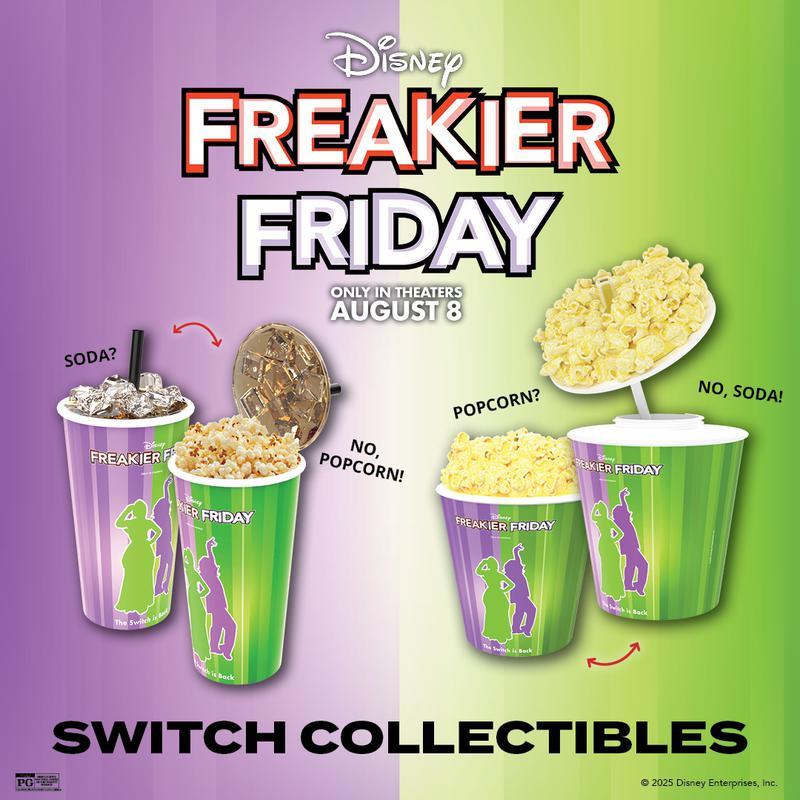 Freakier Friday popcorn bucket and soda container from Marcus Theaters