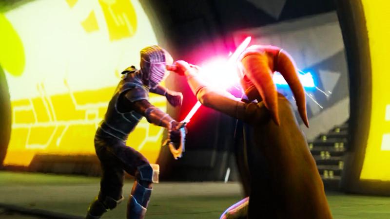 Marrok in a lightsaber battle with Padawan Devon Izara.