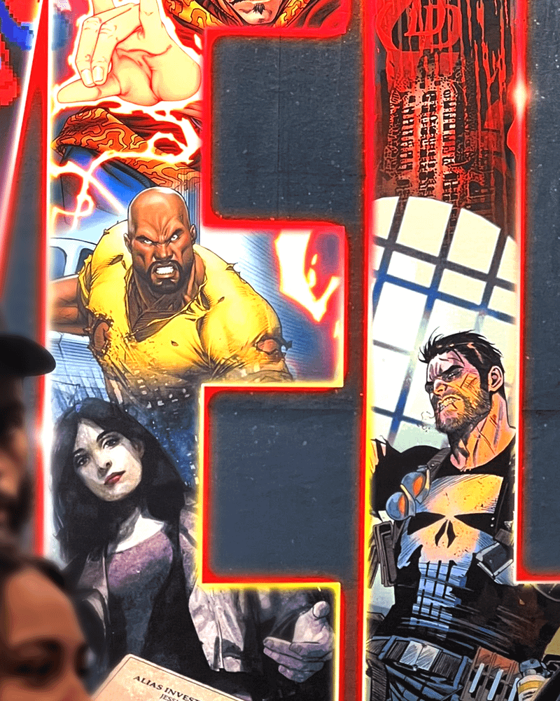 A close up of the Defenders heroes in the new 2025 Marvel logo