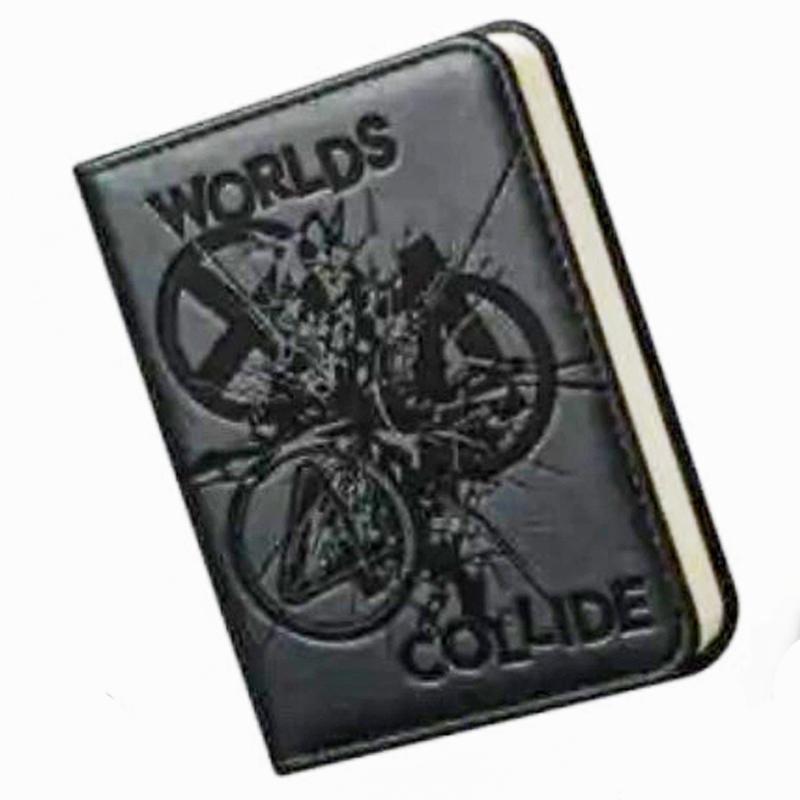 A notebook with the Avengers, X-Men, and Fantastic Four logos colliding.