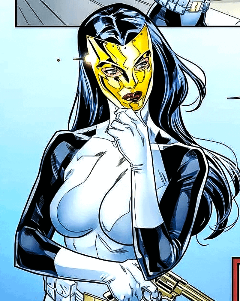 Madame Masque holding he4r mask up to her face in Marvel Comics