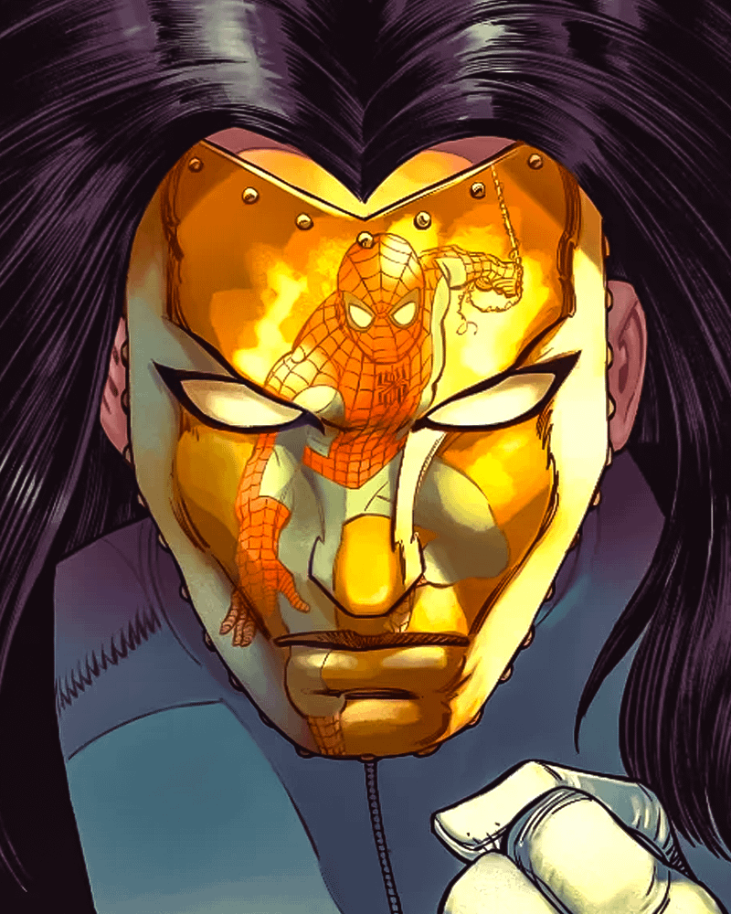Spider-Man seen in the reflection of Madame Masque's mask in Marvel Comics