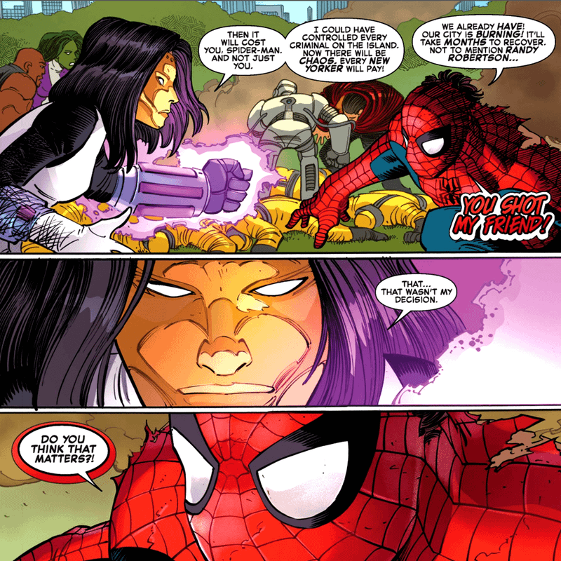 Spider-Man battling Madame Masque in Marvel Comics