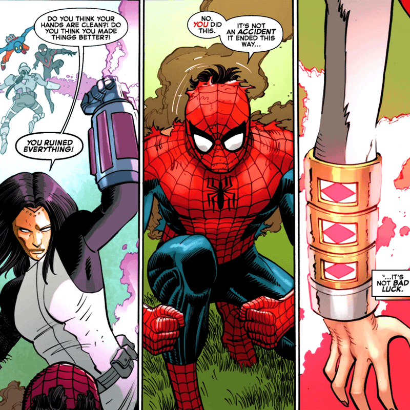 Spider-Man fighting Madame Masque in Marvel Comics in a park