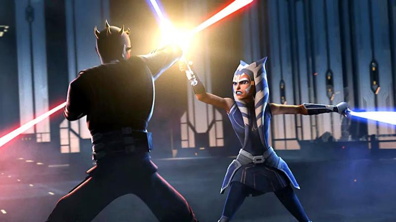 Ahsoka Tano and Maul fighting in Star Wars: The Clone Wars.