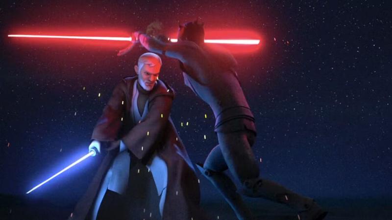 Obi-Wan Kenobi slicing Maul in Star Wars Rebels.
