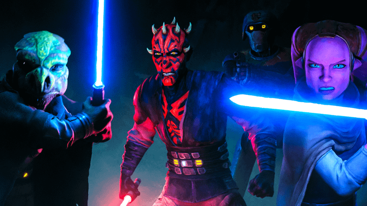 Jedi Master Eeko-Dio Daki with a blue lightsaber, Maul with a red lightsaber, Two Boots, and Devon Izara with a blue lightsaber.