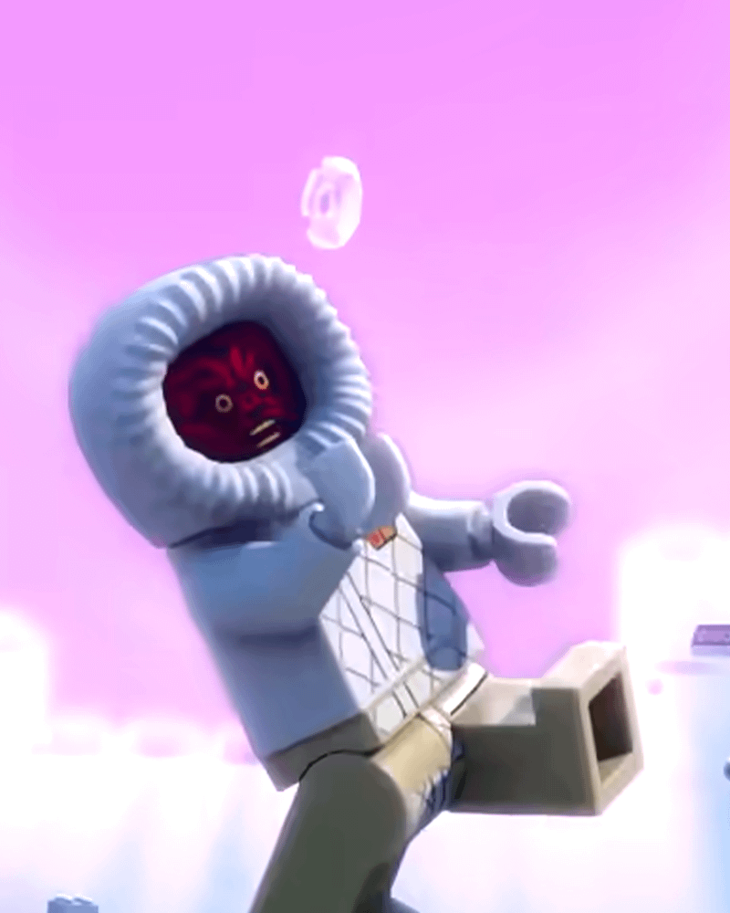 Darth Maul walking around on a pink background in LEGO Star Wars