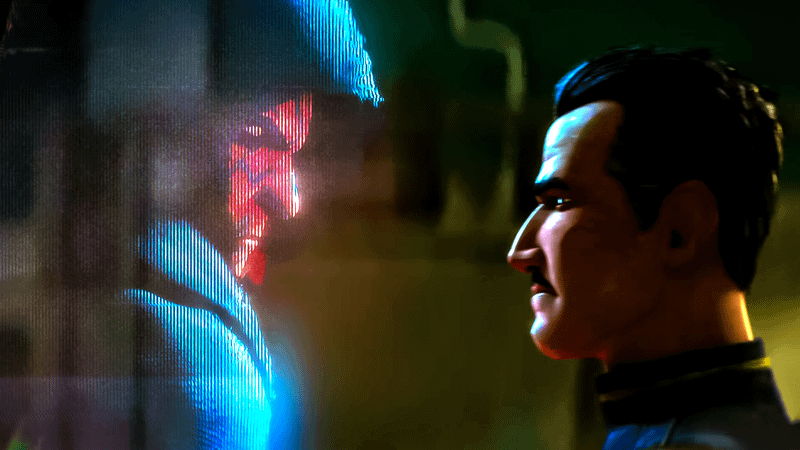 Maul on a hologram looking at a police officer in Maul: Shadow Lord.