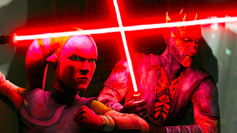 Maul fighting with red lightsaber in Maul Shadow Lord.