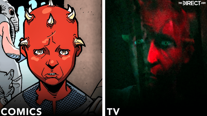 A young Maul in a comic book on the left and a young version of Maul in Maul - Shadow Lord on the right.