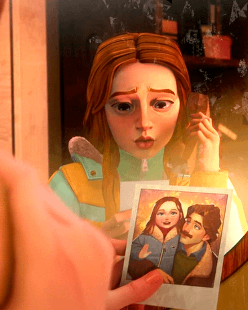 Animated Max Mayfield looking at an old photo of her and her dad.