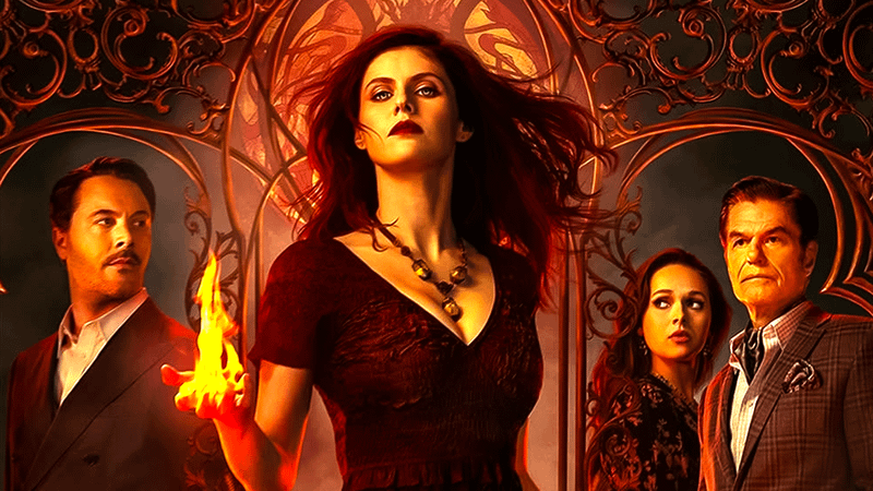 Alexandra Daddario as Rowan Fieldling next to the rest of the Mayfair Witch cast with some metal arches behind her