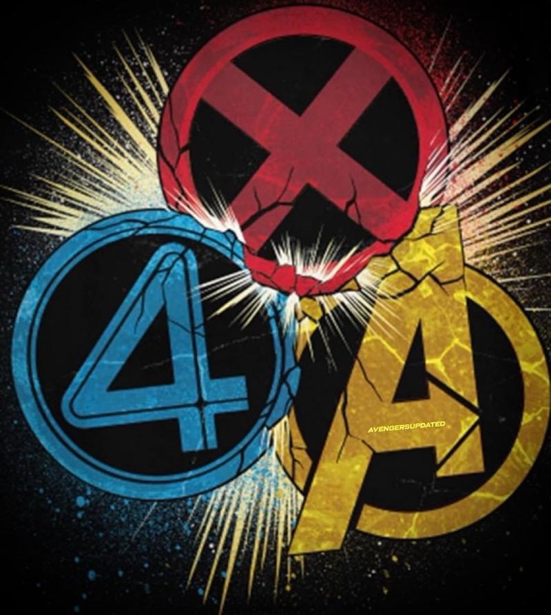 The Avengers, X-Men, and Fantastic Four logos colliding.